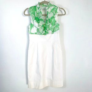 Shoshanna Ruffle Neck Pencil Dress Green & White